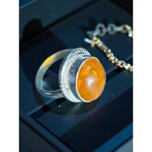 VINTAGE BOLD Sterling Silver 925 Honey AMBER Oval Cabochon STATEMENT RING